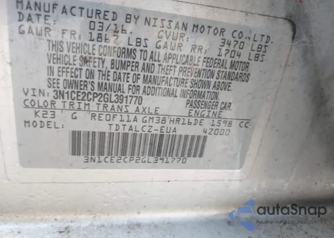 2016 Nissan Versa Note S Plus z USA, uszkodzony, nr VIN 3N1CE2CP2GL391770